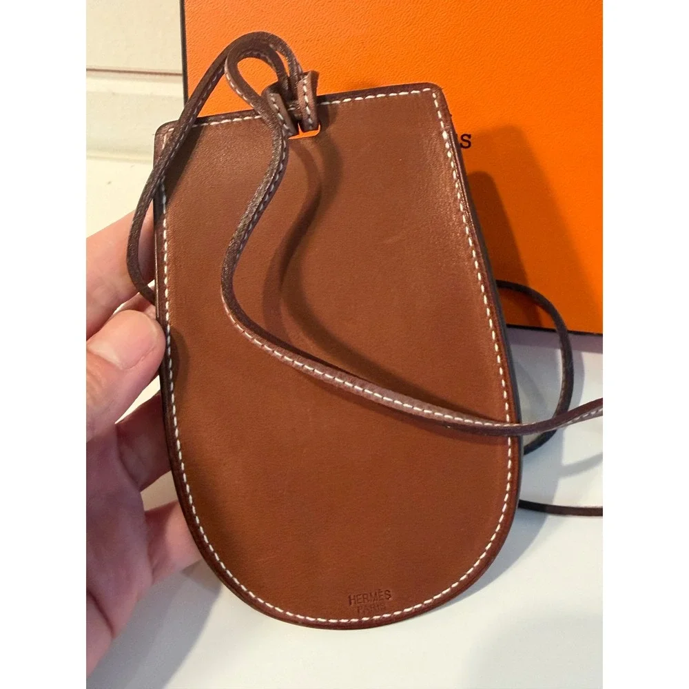 Hermes‎ In-the-Loop Phone Holder Brown Leather Neck Strap Case Made in France